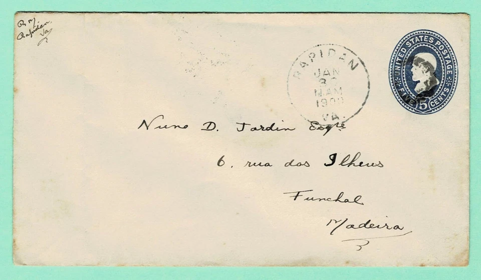 U330 5¢ Envelope RAPIDAN VA Jan 30 1900 via New York to FUNCHAL MADEIRA PORTUGAL - Image 1 of 2