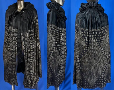 Art Deco Egyptian Assuit Black Net Silver Stud Shawl Silk Opera Cloak Cape VTG - Image 1 of 4