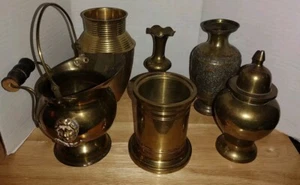Lot of 6 Vintage Brass Vases, Ginger Jar, And Pitcher - Picture 1 of 14