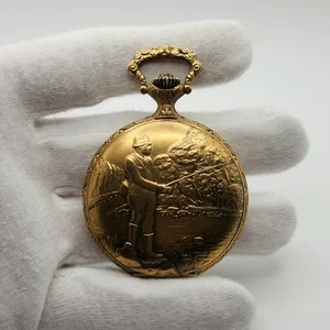 Ever Swiss Vintage Gold Tone Mechanical Pocket Watch w/ Fisherman Engraving - Picture 1 of 11