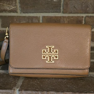 Tory Burch Britten Bark Pebbled Leather Combo Crossbody Hand Bag Purse - Picture 1 of 9