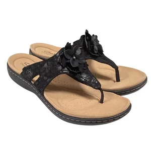 Clarks Thong Sandals Womens 11 Black Laurieann Gema Floral Slides Flip Flops NEW - Picture 1 of 10