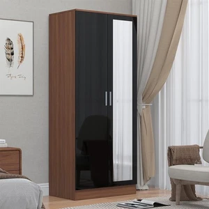 REFLECT Black Gloss Front Wardrobe 2 Door Mirror - Walnut Matt Carcass - Picture 1 of 10
