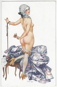 1910 Artist Signed Sexy Risqué Naked Victorian Edwardian Woman, Stockings, Wig - Imagen 1 de 2