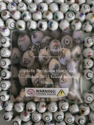 WHITE PORCELAIN IRIDESCENT CHRISTMAS BELLS ROUND BEADS 10MM  FREE POSTAGE - Image 1 of 4