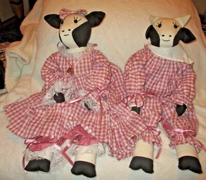 Handcrafted Stuffed Plush Cows~Gingham Clothing~Male & Female~1990's - Picture 1 of 12