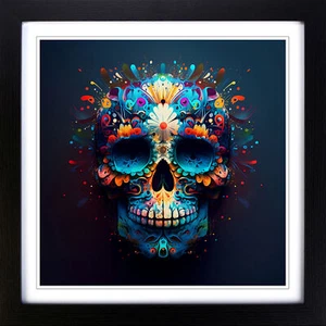 Sugar Skull Expressionism Framed Canvas Wall Art Print Poster Picture - Picture 1 of 6