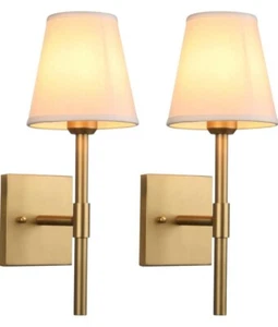 Pathson Set of 2 Bathroom Wall Sconces with White Fabric Shade, Cloth Wall Mount - Picture 1 of 3