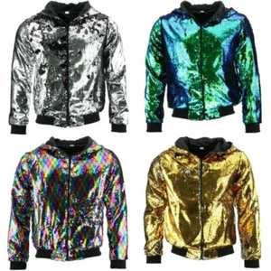 Sequin Hooded Bomber Jacket Firefly Shiny Glitter Sparkling Lame Sparkly - Picture 1 of 13