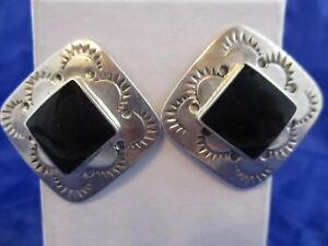 Vintage Sterling Silver Onyx Square Designed Stud Earrings