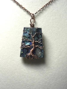 Trapazoid Shape Abalone Copper Wire Wrapped Tree of Life Pendant, handcraft - Bild 1 von 6