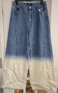 Missguided Damenjeans blau zweifarbig Acid Wash superweites Bein Denim – UK 14 - Bild 1 von 9