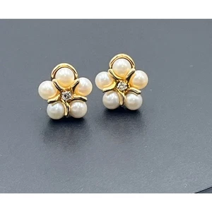 Designer 14k Yellow Gold 5 Pearl Cluster Flower Diamond Center Clip On Earrings - Picture 1 of 10