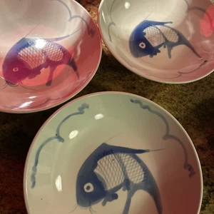 3 Large Chinese Soup Bowls Hand Painted Koi Fish Blue White Porcelain 9"x2” - Picture 1 of 7