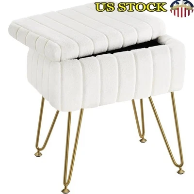 Faux Fur Vanity Stool W/ Storage Soft Makeup Ottoman Bench Adjustable Feet White - Image 1 of 4