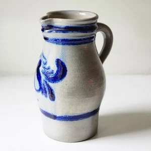 Vintage Salt Glazed Stoneware Pitcher Jug Cobalt Blue Pottery 8.5" Thrown - Picture 1 of 13