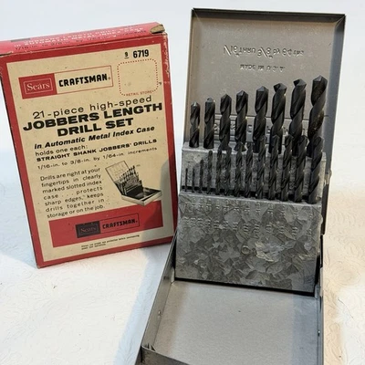 Juego de brocas de longitud Jobbers Sears Craftsman 21 piezas en estuche índice metálico automático 6719 Nuevo de Lote Antiguo Foto 1 de 4