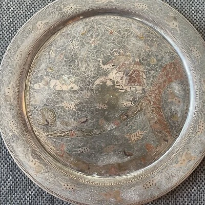 Excellent 1945 Silver Indian Tray Tiger Hunting on Elephants Peacock Plate - Image 1 of 4