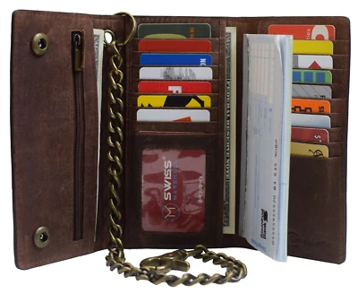 Brown Vintage Leather RFID Blocking Men's Biker Long Trifold Chain Wallet - Image 1 of 4