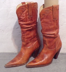 Charlie 1 Horse Cowgirl Boots Size 7.5 Pointed Toe Red Brown 14" Tall Heel 3.5" - Picture 1 of 8