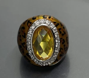 Womens Size 6 Ring Rhodium Plated Leopard Animal Print Enamel Faceted Citrine CZ - Picture 1 of 8
