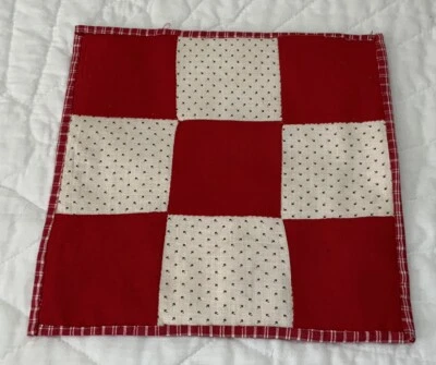 Vintage Antique Patchwork Table Topper, Nine Patch, Early Calicos, Red, White - Image 1 of 4