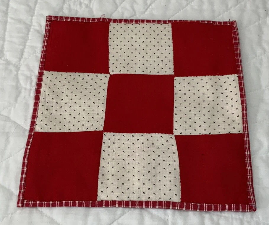 Vintage Antique Patchwork Table Topper, Nine Patch, Early Calicos, Red, White - Image 1 of 4