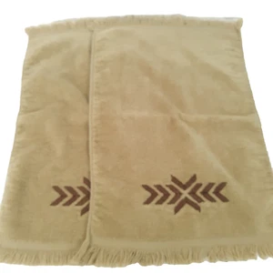 Vintage 2 Hand Towels Fringe Hem MCM Tan with Brown Embroidery Avante Linens - Picture 1 of 5