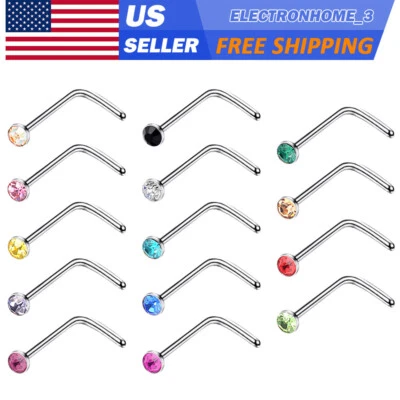 14pcs Colorful CZ L Nose Studs Ring Stainless Steel L-Shaped Studs Nose Ring 20g - Image 1 of 3