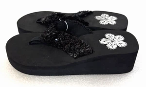 Keilsandalen Damen-Flip-Flops Strass Glitzer schwarz Perlen Blumenmuster Größe 9/10 - Bild 1 von 7