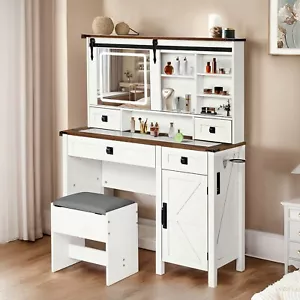 Vanity Table Set LED Lighted Mirror Makeup Desk Open Shelves & 4 Drawers Cabinet - Picture 1 of 9