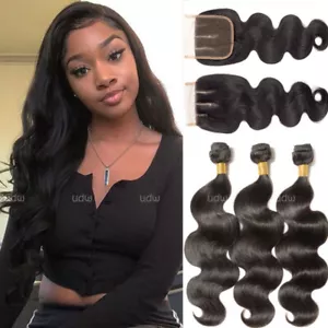 4x4 Lace Closure with 3Bundles Brazilian Peruvian Virgin Human Hair Weft 300g US - Picture 1 of 14