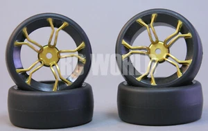 RC Car 1/10 DRIFT WHEELS TIRES Package 3MM Offset GOLD 5 Star w/ Black LIP - Picture 1 of 12