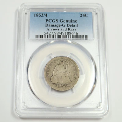 1853/4 P PCGS G Details ARROWS & RAYS Silver Seated Quarter 25C US Coin #50137A - Image 1 of 2