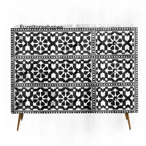 Antique Indian Handmade Bone inlay Moroccan Black Sideboard Buffet 6 Drawer Cover