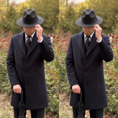 Black Men Long Overcoat Woolen Formal Party Prom Business Winter Long Jacket - Image 1 of 4