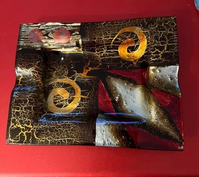 Abstract Geometric Gloss Art Textured Decorative Serving Tray Modern Accent Dish - Image 1 of 4