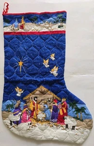 VTG Jumbo Christmas Stocking Quilted Nativity Manger Angels Wise Men Stars 23.5" - Picture 1 of 7