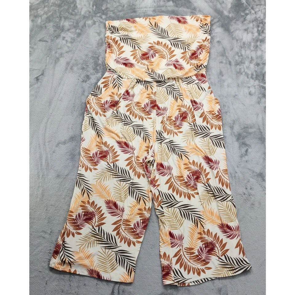 J for Justify Jumpsuit Womens 3X Tan Botanical Leaves Tube Top Crop Wide Leg  - Image 1 of 4