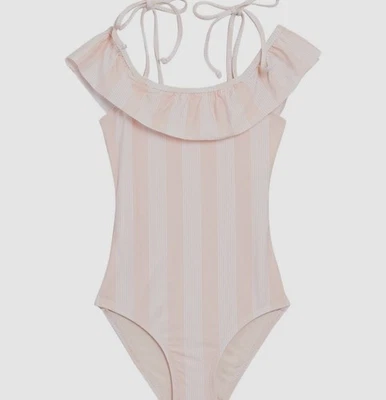 Espléndido traje de baño de una pieza con volantes a rayas rosa blanco para niños niñas talla 14 Foto 1 de 2