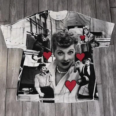 Vintage Y2K I LOVE LUCY ALL OVER PRINT TV Show Heart Superman Logo T-Shirt 2XL - Image 1 of 4
