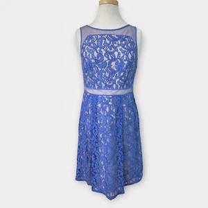 Adrianna Papell | 10 | Lace Illusion Dress Cocktail Fit & Flare Sleeveless Blue - Picture 1 of 15