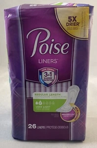 Poise Liners Regular Length Level 2 Very Light (26 Count Package) - Afbeelding 1 van 6