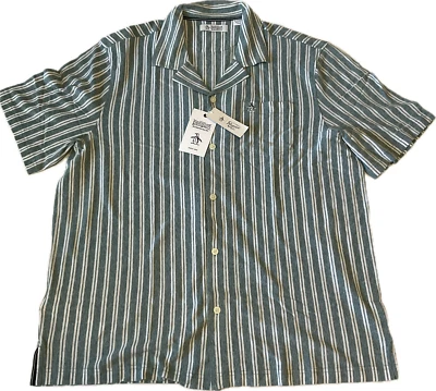 Original Penguin Button Shirt Mens Size XL Green White Stripes Short Sleeves - Image 1 of 4