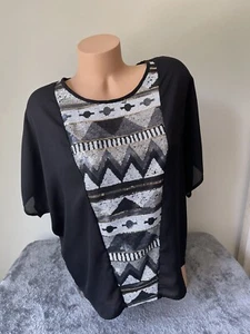 UMGEE Damen Tunika T Top Bluse Gr. L Schwarz Pailletten USA Kurzarm 3863 Azteken - Bild 1 von 6