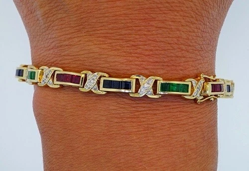 4.30CT 14K Yellow Gold Over Tennis Bracelet Ruby Sapphire & Emerald 935 Silver - Image 1 of 4