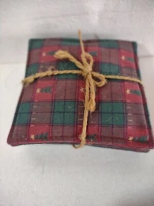 4 Coaster Set  Christmas~Fabric Reversible~Washable~New Red & Green Plaid - Picture 1 of 2