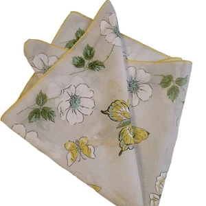 Vintage Handkerchief Yellow White Floral & Butterflies 16"x16" Embroidered Edges - Picture 1 of 9