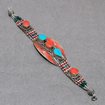 Pulsera Nepalí Joyería Bohemia Hecha a Mano Turquesa Tibetana Coral Rojo 7" SR 3295 Foto 1 de 4