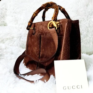 GUCCI 000・122・0316 Bamboo 2-Way Shoulder Handbag Suede Brown made in Italy Japan - Picture 1 of 24